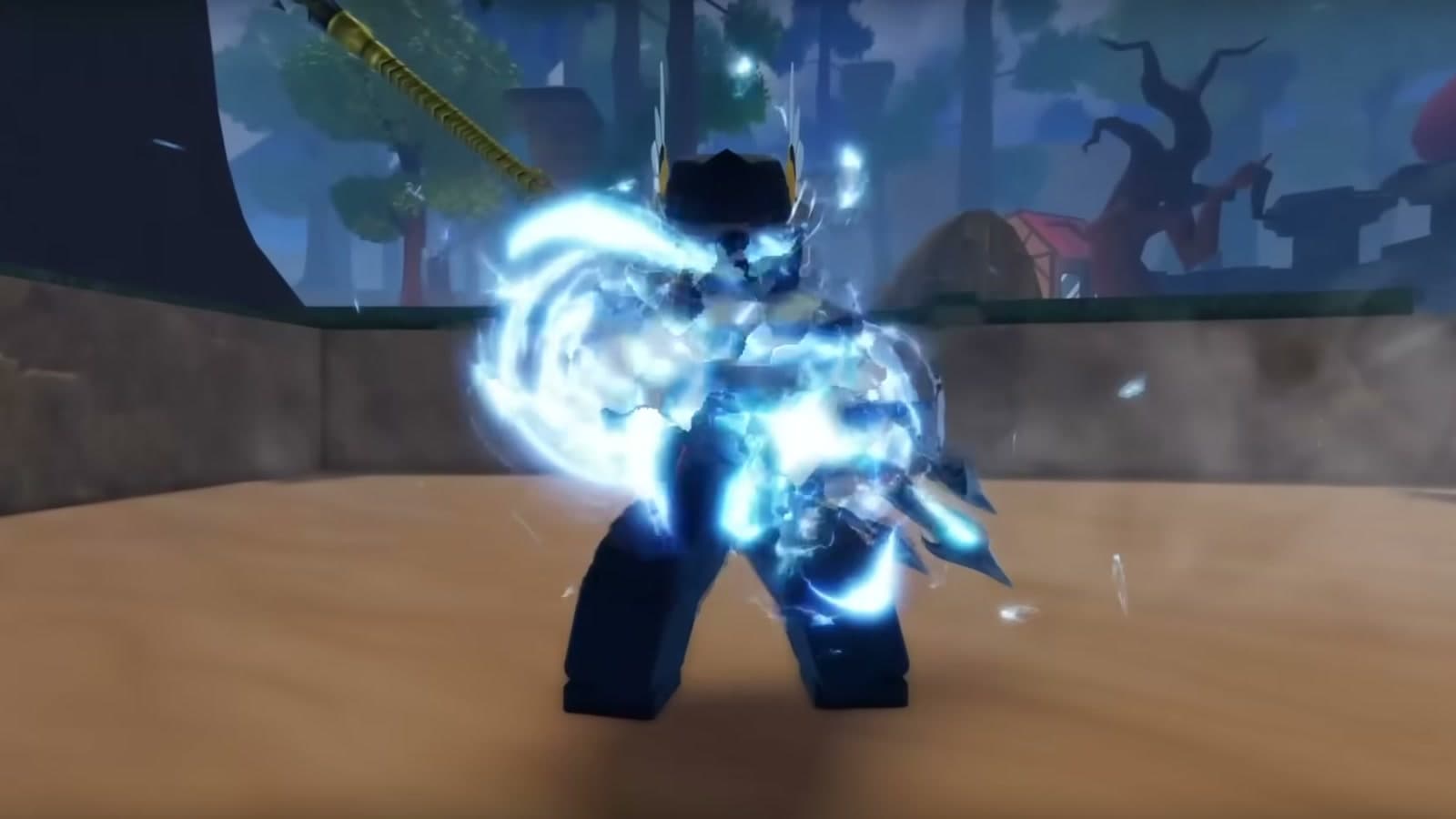 Haze Seas Roblox character using a glowing blue combat ability